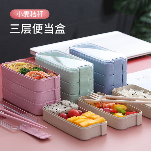 Creative wheat straw lunch box convenient three-layer sealed lunch box microwave student compartment lunch box printed logo