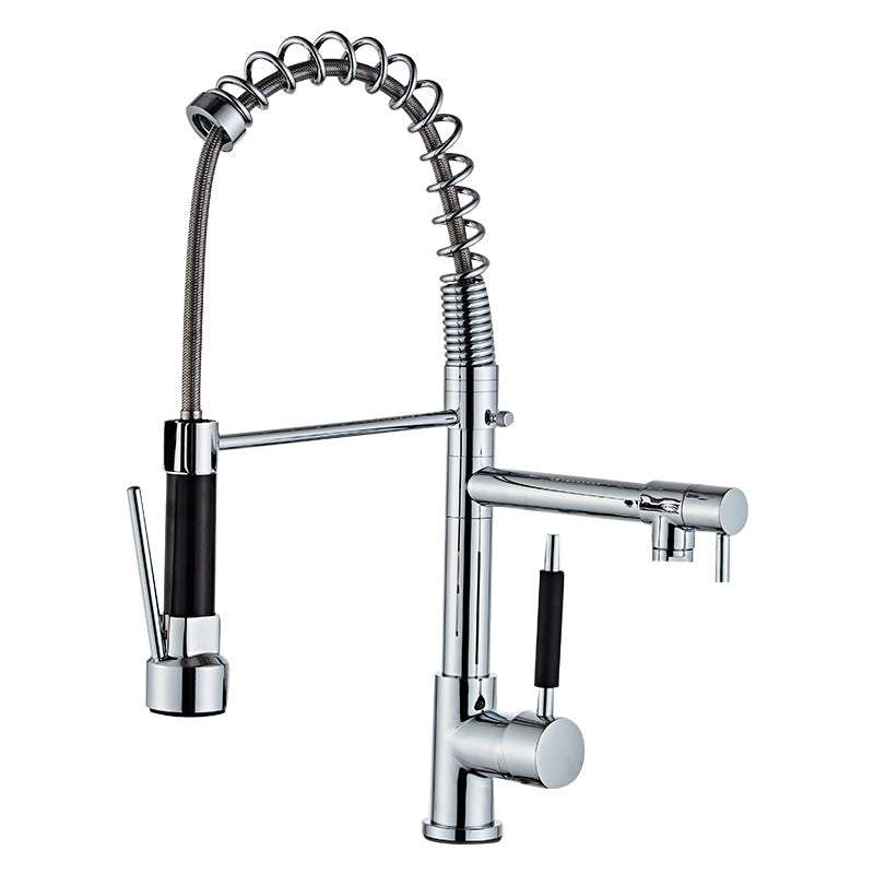 All-copper brushed spring kitchen faucet pull-out hot and cold sink vegetable basin telescopic shower faucet