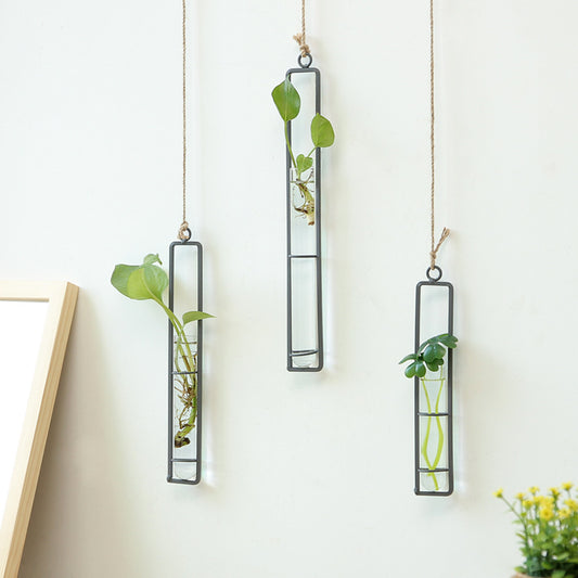 Creative wrought iron glass vase hemp rope pendant living room wall wall water culture green plant container hanging wall decoration