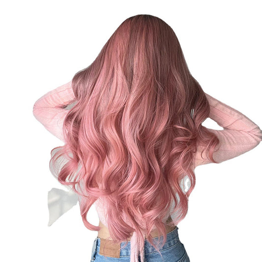 EMMOR Internet celebrity cross-border best-selling gradient pink medium-parted long curly hair European and American chemical fiber wig headgear for women